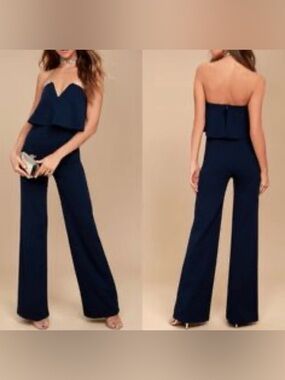 Lulu's Power of Love Strapless Navy Sweetheart Wide-Leg Jumpsuit Size: S